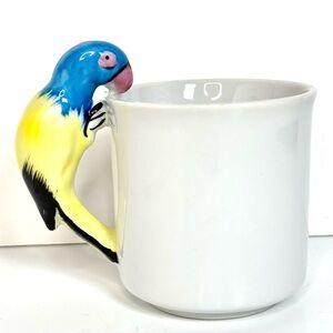 Pier One Colorful Tropical‎ 3D Yellow Blue Bird Parrot Handle Ceramic Coffee Mug